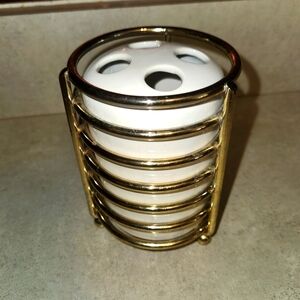 White Ceramic Toothbrush Holder with Brass Finish